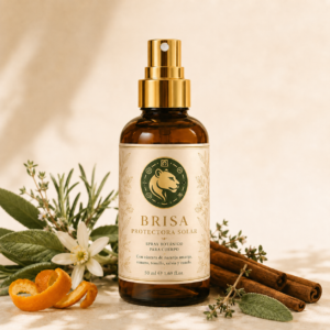 Spray botánico Brisa Protectora Solar de 50 ml en frasco ámbar con pulverizador dorado y etiqueta de The Soul’s Paradise sobre fondo claro.