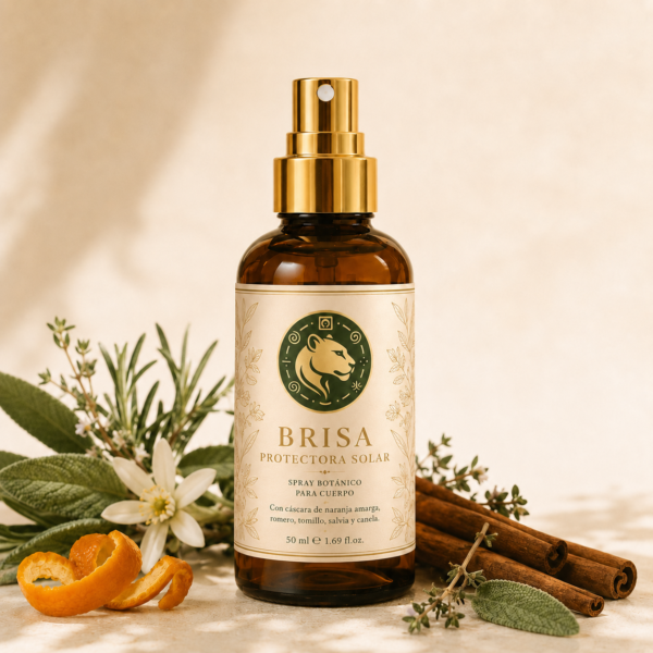 Spray botánico Brisa Protectora Solar de 50 ml en frasco ámbar con pulverizador dorado y etiqueta de The Soul’s Paradise sobre fondo claro.