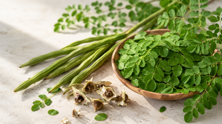 Rama de moringa con hojas verdes y vainas frescas de Moringa oleifera